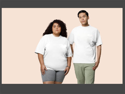 Man and woman wearing drop shoulder white t-shirts.