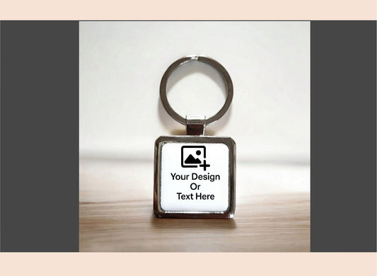 Personalized keychain with customizable text and design area on a light background