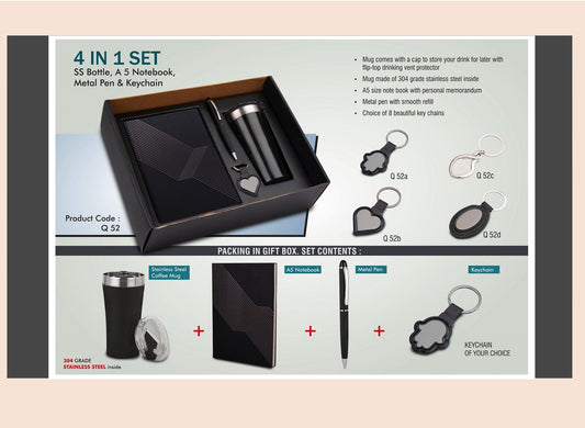 4-in-1 set packaging with SS bottle, A5 notebook, metal pen, and keychain on a beige background.