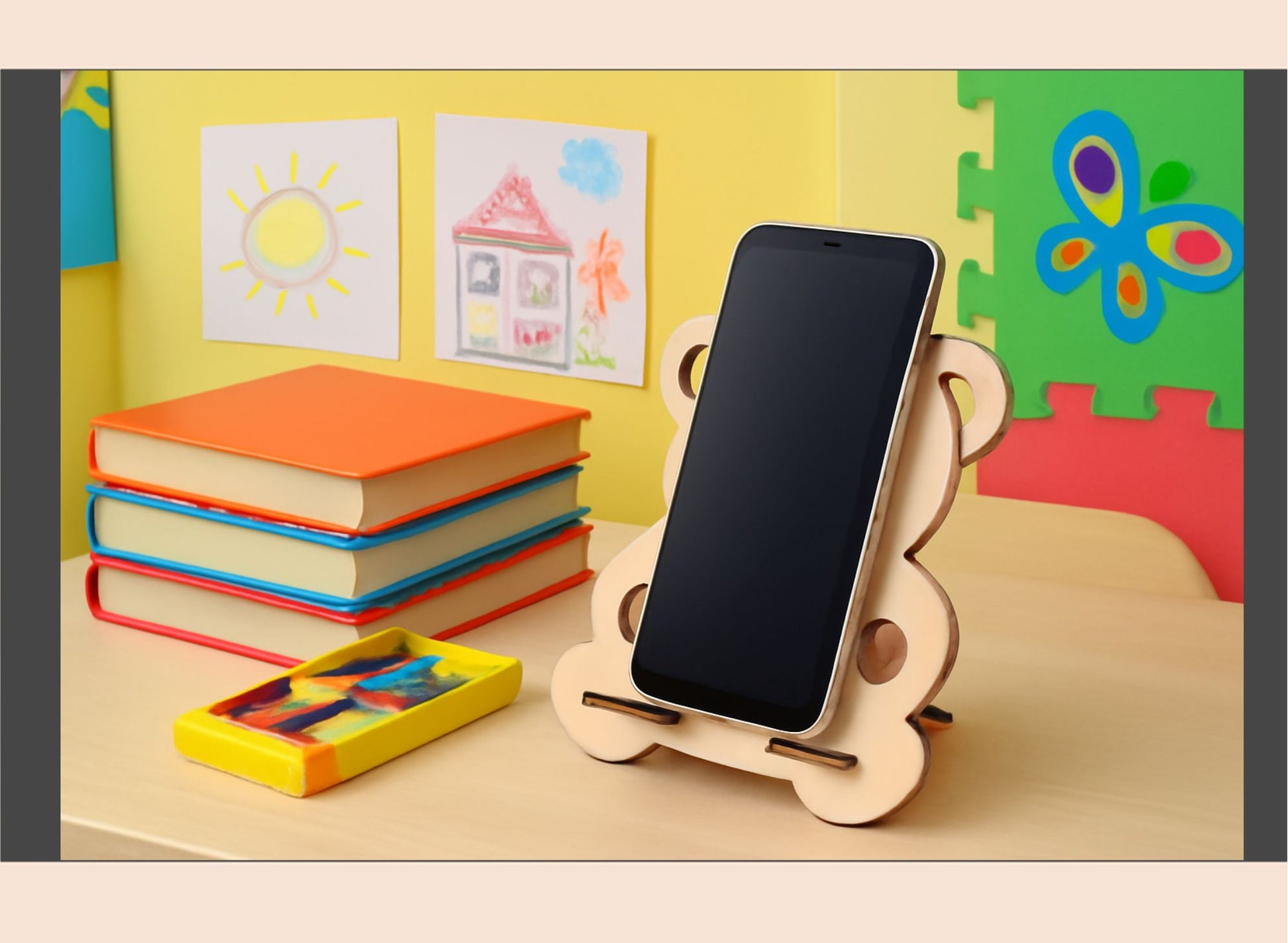 Phone stand with smartphone on a colorful children's desk