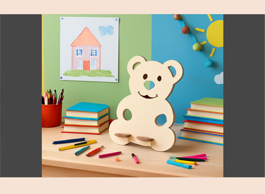 Children's play area with a wooden bear, colorful pencils, and books on a table.