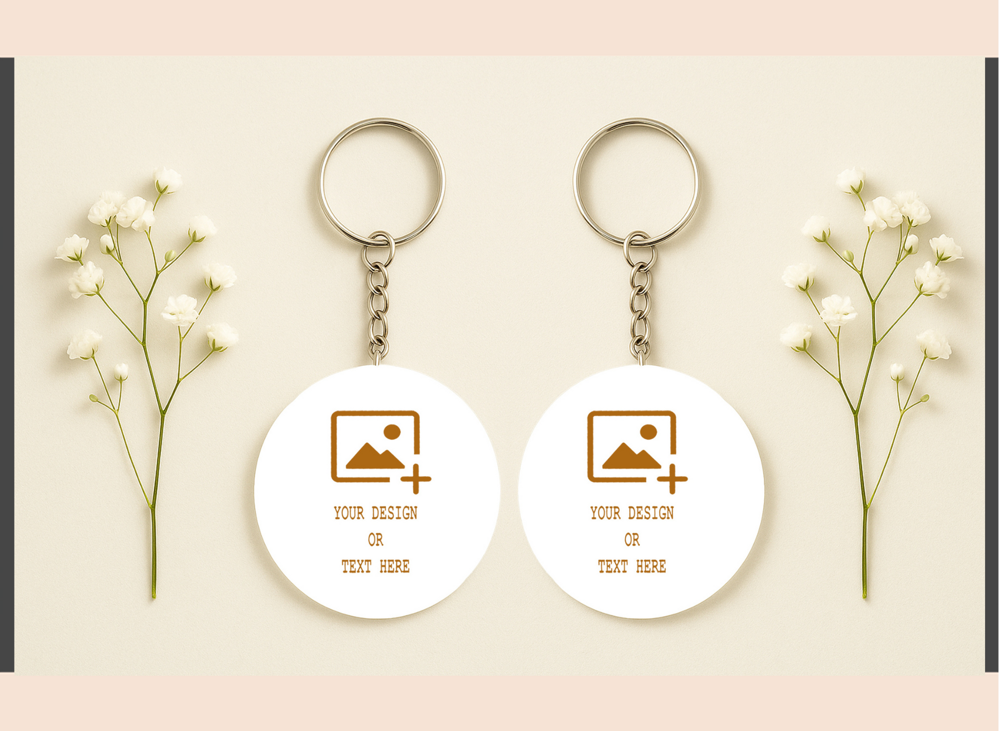 Two white keychains with customizable design or text on a light pink background with baby's breath flowers.
