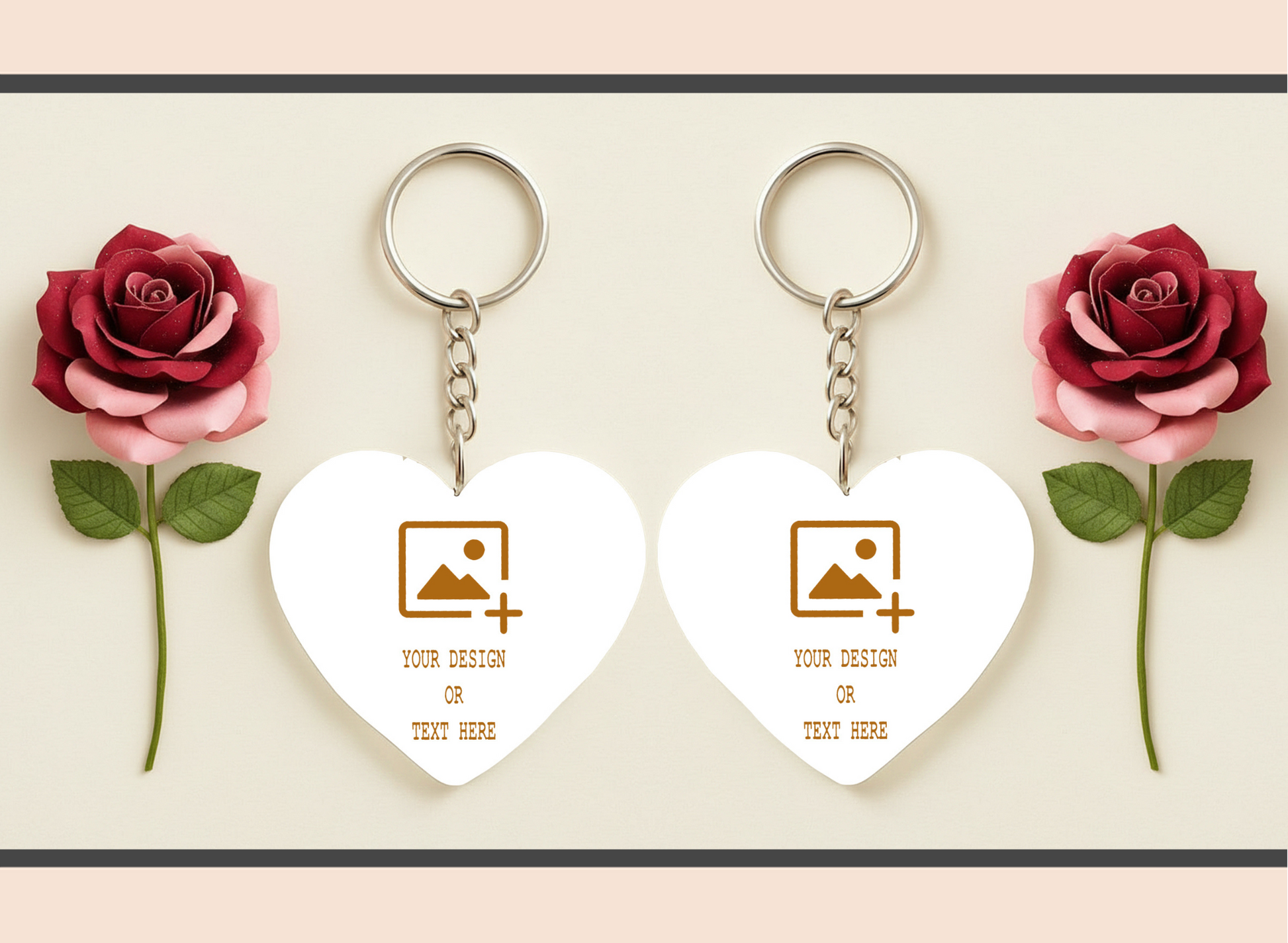 Heart-shaped keychains with customizable design area between two red roses on a light background