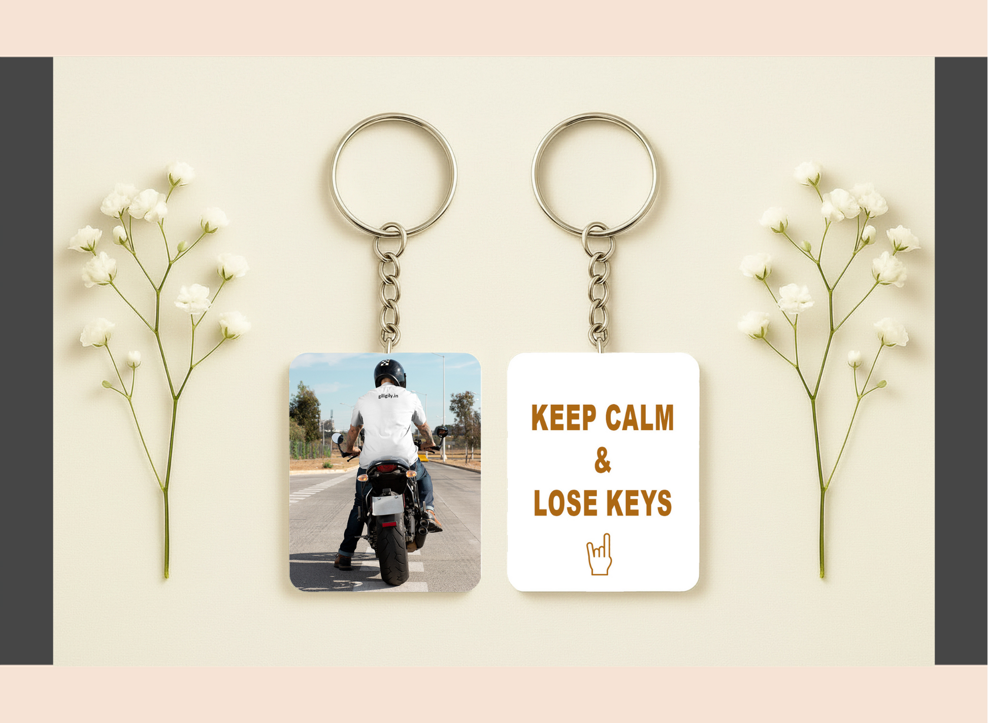 Two keychains on a light background with decorative elements