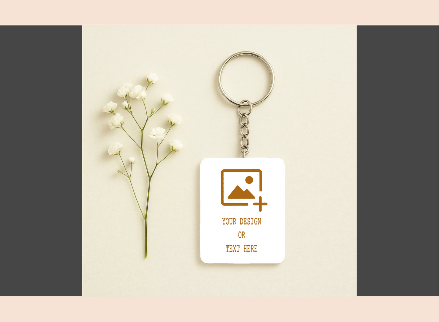 Personalized keychain with customizable text on a neutral background