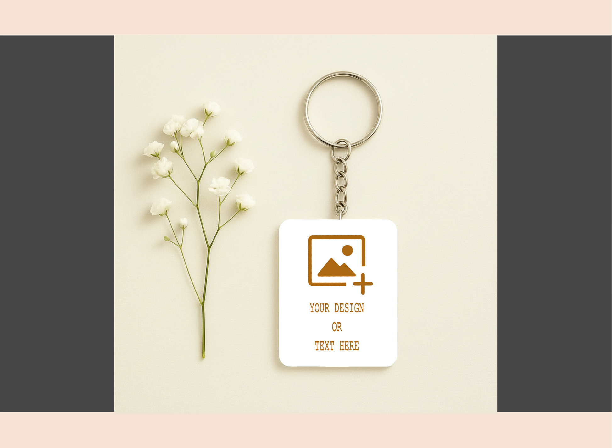 Personalized keychain with customizable text on a neutral background