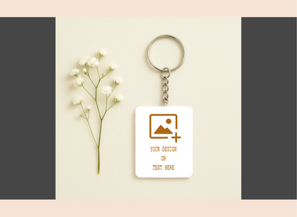 Personalized keychain with customizable text on a neutral background