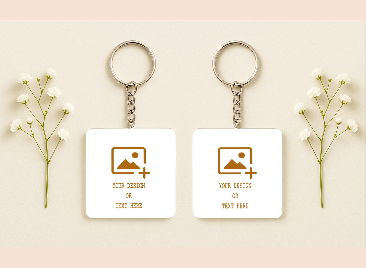Two customizable keychains with placeholder designs on a light background with baby's breath flowers.