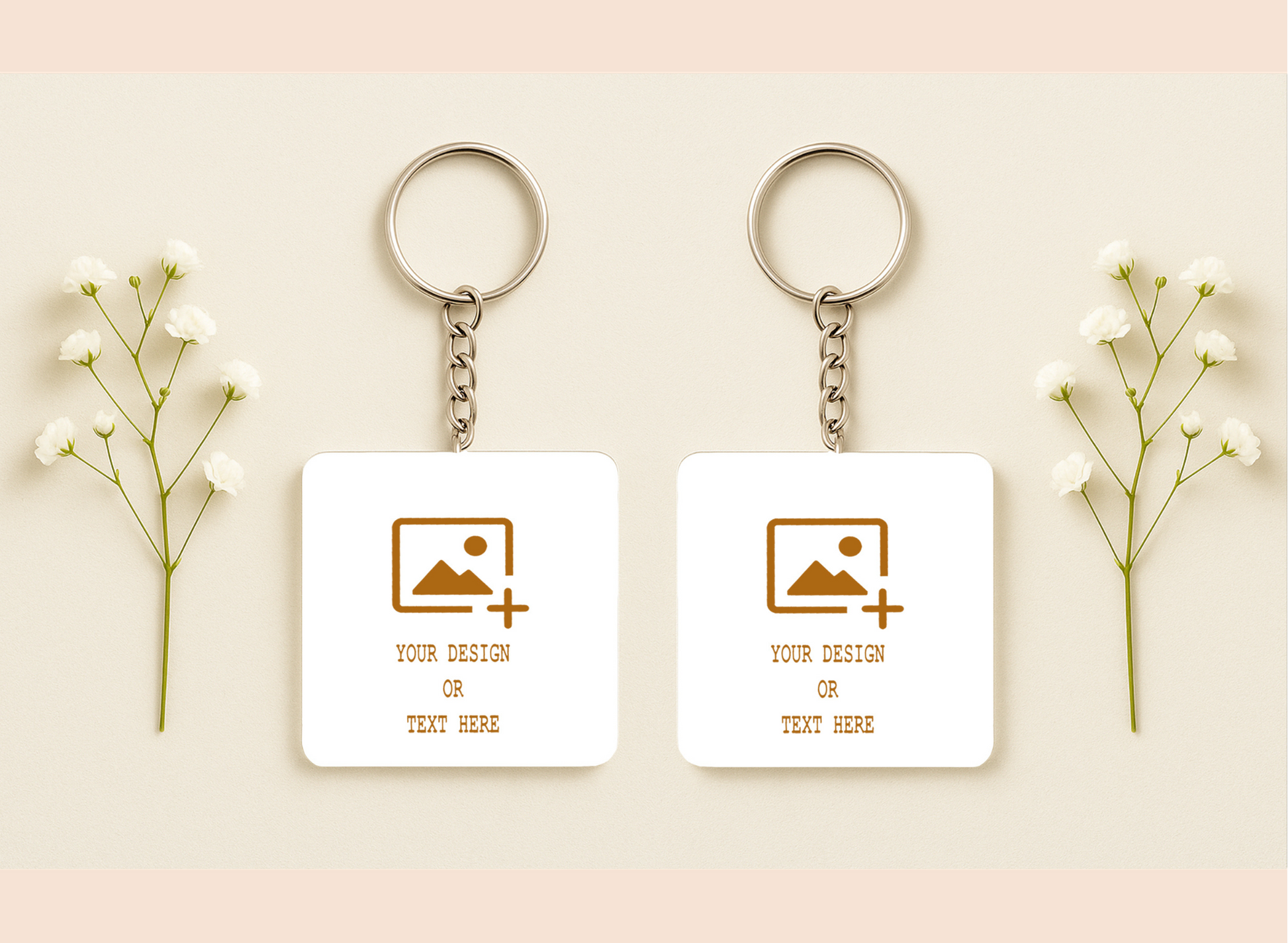 Two customizable keychains with placeholder designs on a light background with baby's breath flowers.