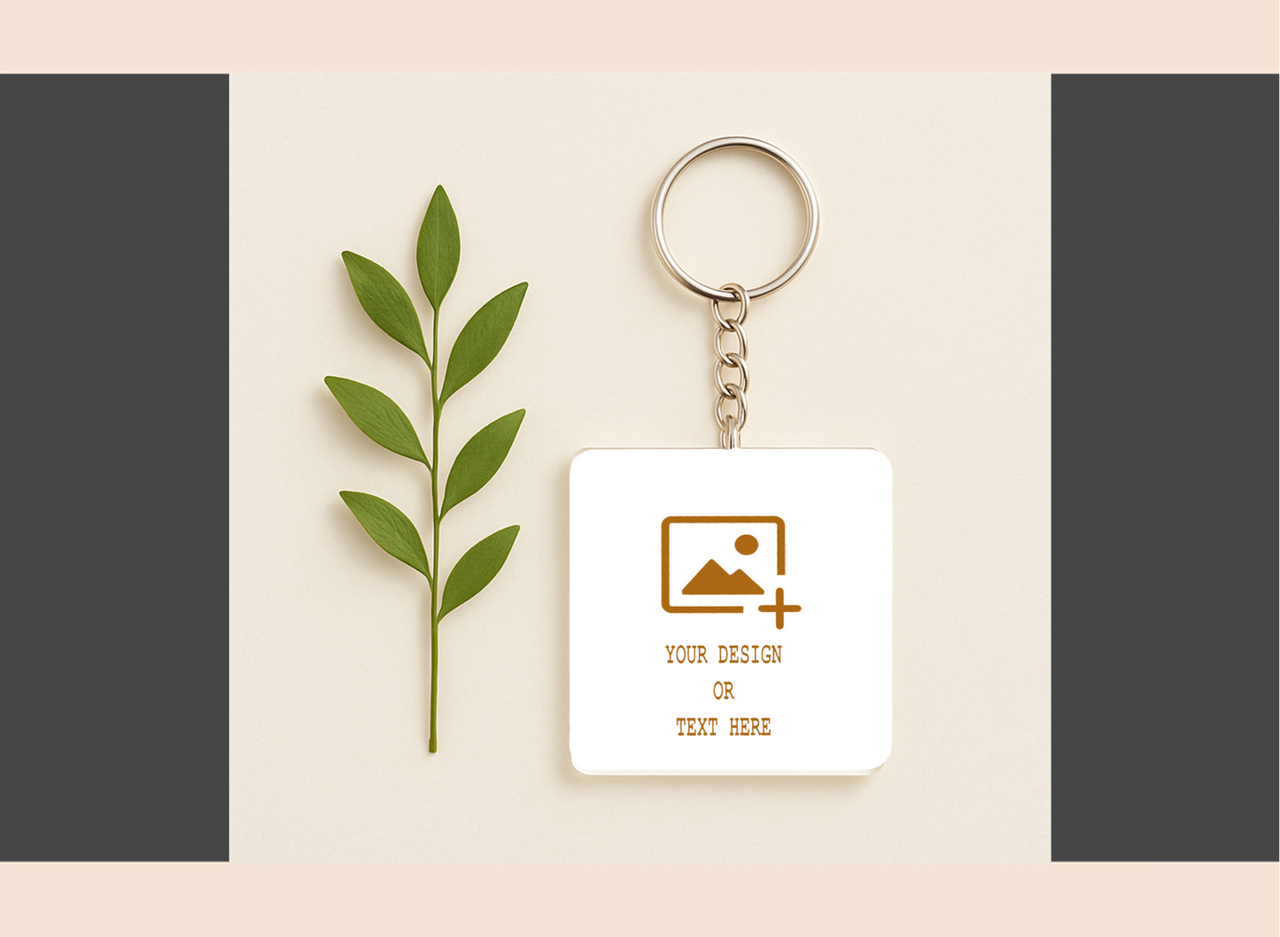 Personalized keychain with customizable text or image on a neutral background